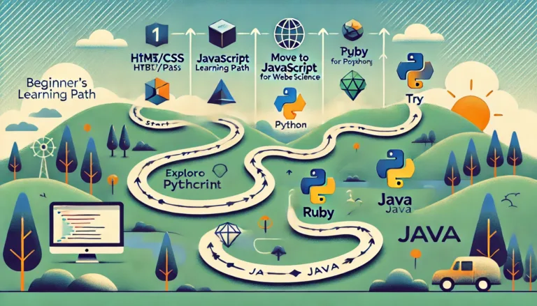 A stylized 16:9 illustration of a 'Beginner’s Learning Path' roadmap for programming languages, depicted as a winding path through a scenic landscape.