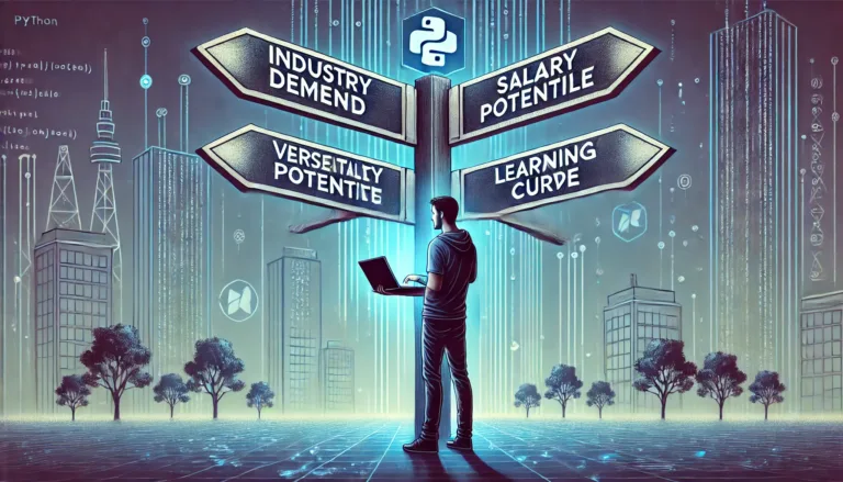 A high-resolution illustration of a software developer standing at a crossroads with four distinct signposts pointing in different directions.