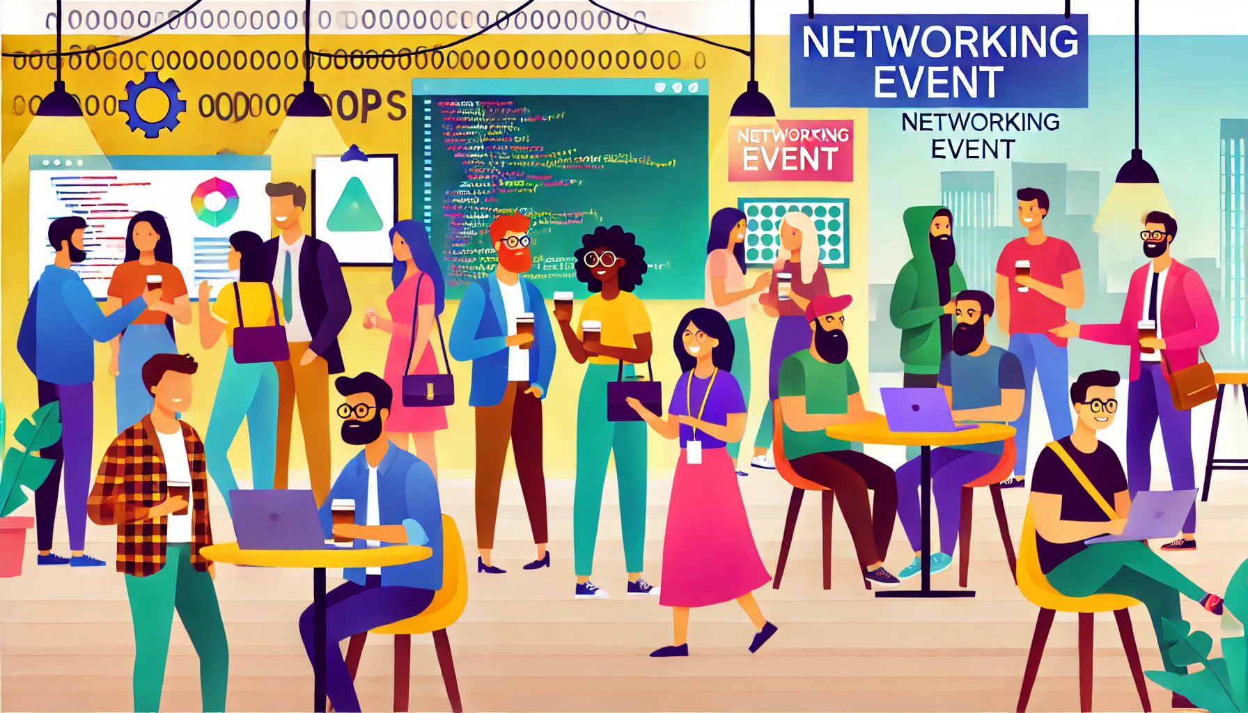 Illustration of a vibrant coding community event featuring a diverse group of developers networking and mingling in a modern setting.