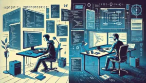 An illustration depicting two professionals side by side in a 16:9 aspect ratio. On the left, there is a coder intensely focused on typing lines of code into a basic text editor on a single monitor.