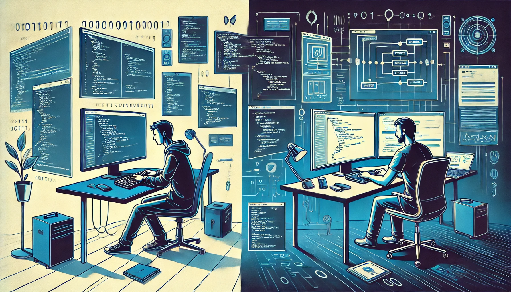 An illustration depicting two professionals side by side in a 16:9 aspect ratio. On the left, there is a coder intensely focused on typing lines of code into a basic text editor on a single monitor.