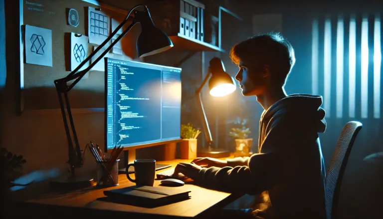 A nighttime scene with a student sitting in front of a computer at a desk.