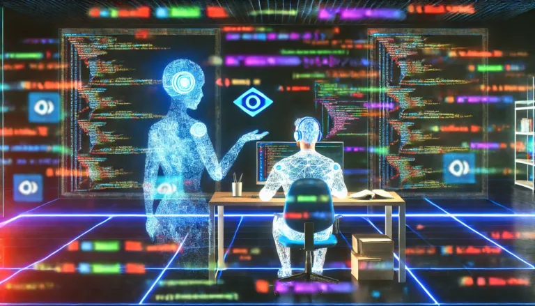 An intricate illustration of a human software developer collaborating with an AI assistant depicted as a holographic figure.