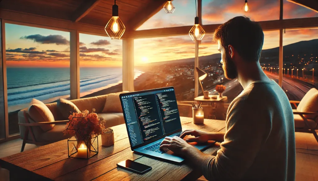 A high-resolution photograph of a software developer working remotely on a laptop from a scenic location.