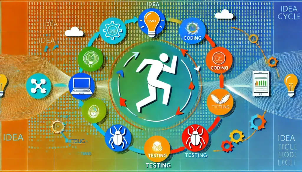 An infographic-style image depicting a rapid cycle of idea testing and iteration.