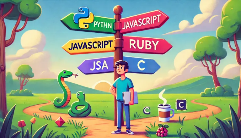 An illustration of a beginner programmer standing at a crossroads with signposts pointing in different directions, each labeled with a programming language.