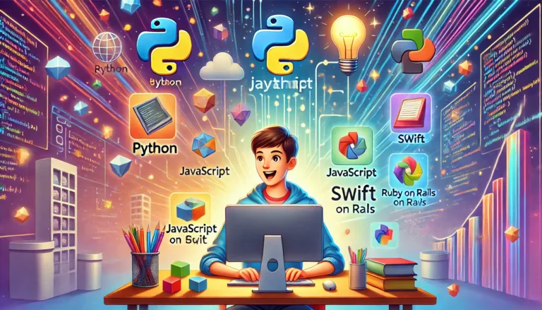 An inspiring 16:9 illustration of a young, enthusiastic person sitting at a computer desk.