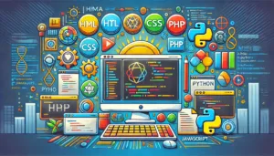 A vibrant illustration in a 16:9 aspect ratio showcasing the best programming languages for web development.