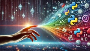 A digital art illustration showing a human hand reaching out towards a flowing stream of binary code (1s and 0s) that is gradually transforming into colorful symbols of various programming languages, such as the Python, Java, C++, and JavaScript logos.