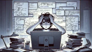 A 16:9 aspect ratio illustration of a frustrated beginner programmer sitting at a cluttered desk with C++ books and scattered notes.