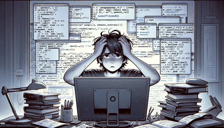 A 16:9 aspect ratio illustration of a frustrated beginner programmer sitting at a cluttered desk with C++ books and scattered notes.