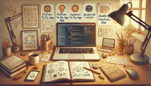 A 16:9 image depicting a beginner-friendly programming project workspace.