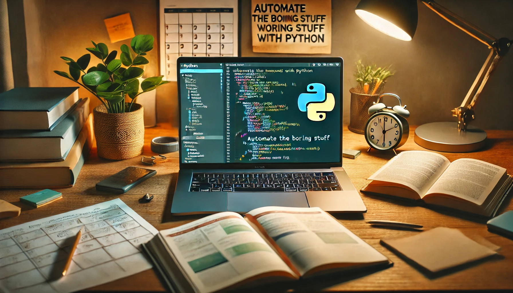 A high-quality image in a 16:9 aspect ratio depicting a person coding Python on a laptop in a cozy home office setting.