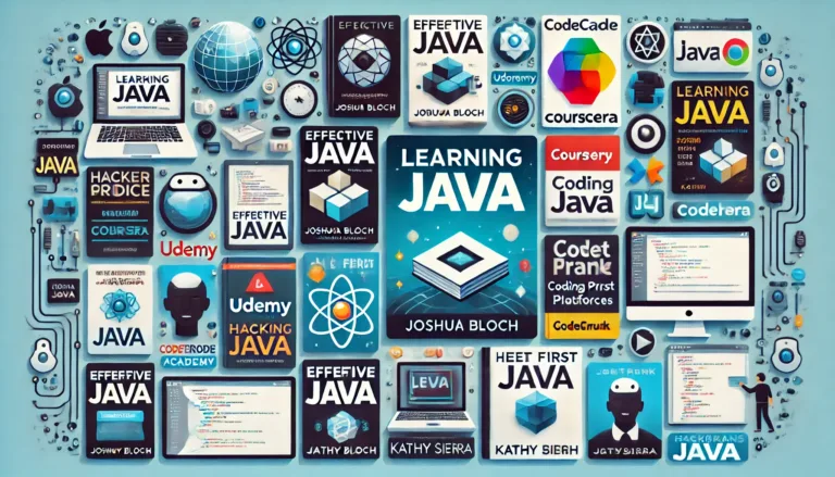 A 16:9 aspect ratio collage showcasing top recommended resources for learning Java.