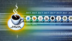 A high-resolution digital illustration featuring the Java logo—a steaming coffee cup—at the center of a dynamic timeline.