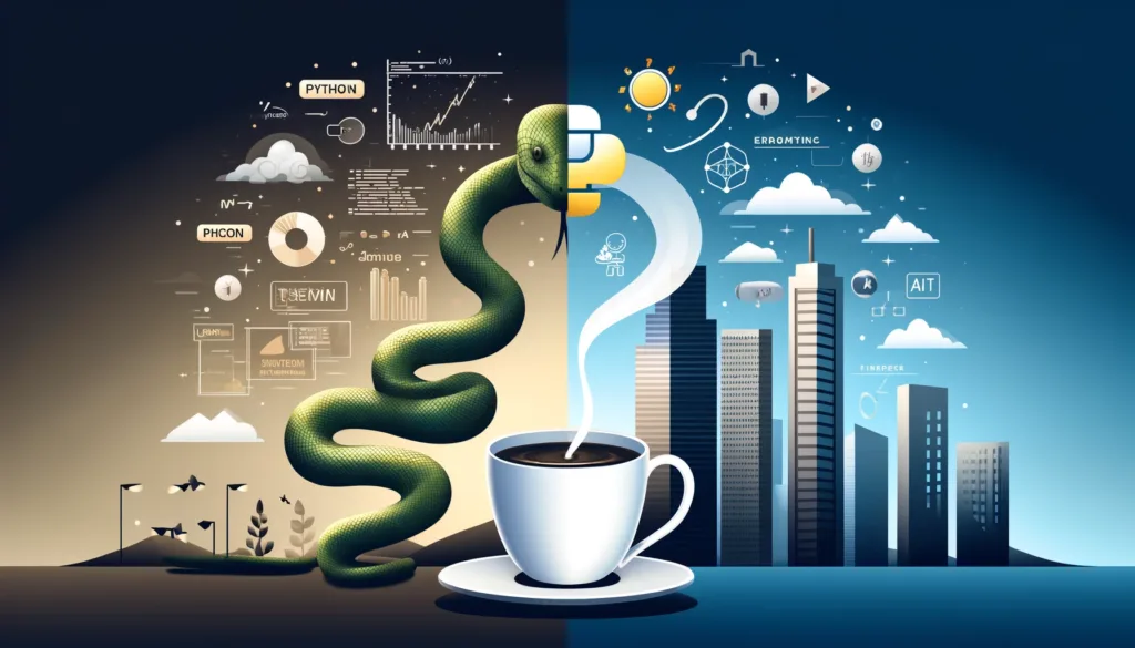 A high-resolution illustration in a 16:9 aspect ratio visually comparing Python and Java programming languages.