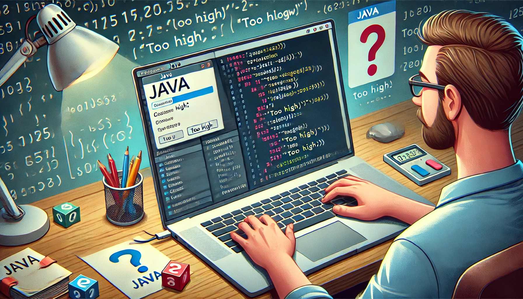 An engaging and realistic-style illustration of a Java developer working on a laptop, coding a Number Guessing Game.