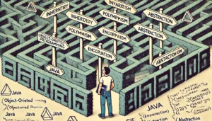 An illustration in a 16:9 aspect ratio showing a developer standing at the entrance of a complex maze labeled 'Object-Oriented Programming'.