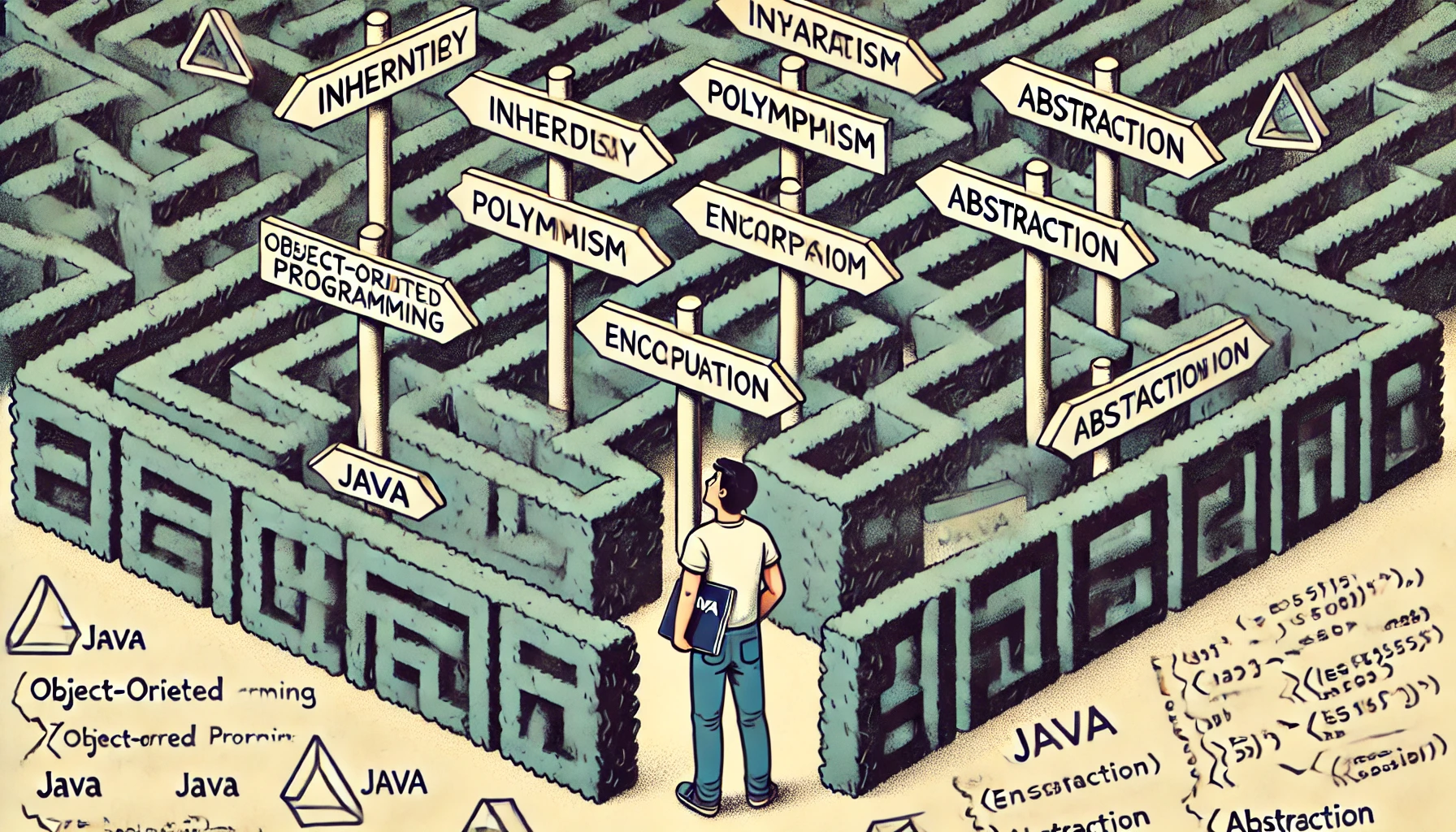 An illustration in a 16:9 aspect ratio showing a developer standing at the entrance of a complex maze labeled 'Object-Oriented Programming'.