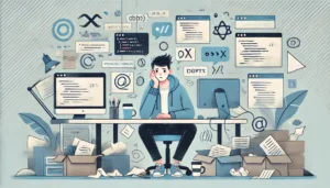 An illustration in a modern, minimalist style showing a beginner programmer seated at a cluttered desk, looking overwhelmed or confused.