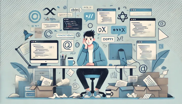 An illustration in a modern, minimalist style showing a beginner programmer seated at a cluttered desk, looking overwhelmed or confused.