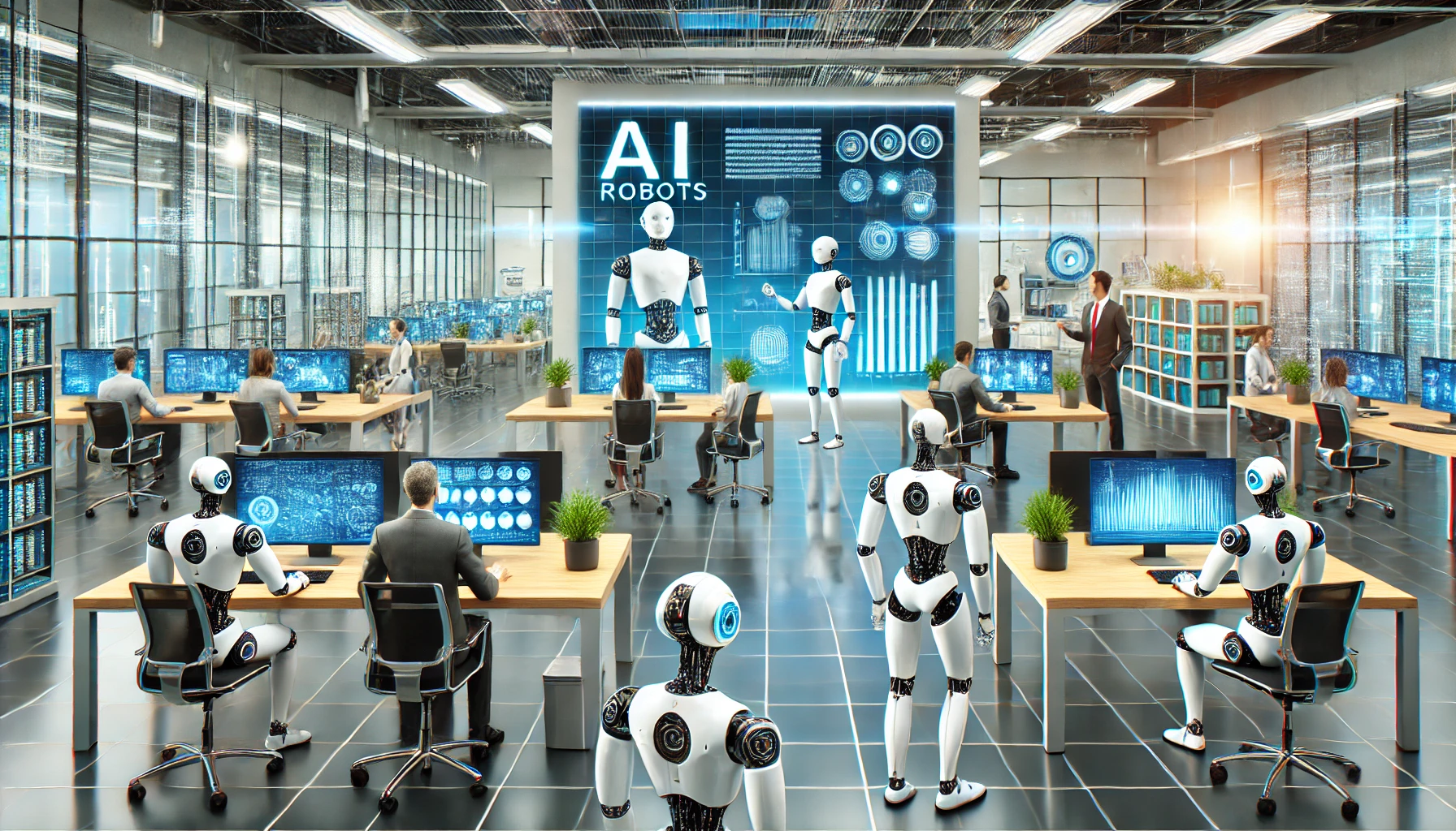 A 16:9 illustration of a modern workspace where humans and AI robots collaborate side by side.