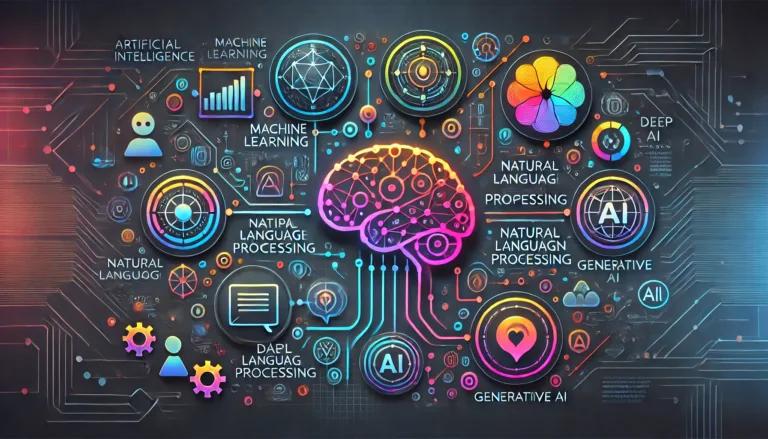 A high-resolution infographic illustrating the core components of Artificial Intelligence: Machine Learning, Deep Learning, Natural Language Processing, and Generative AI.