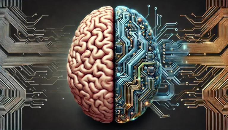 An intricate illustration of a human brain merging seamlessly with a circuit board, symbolizing artificial intelligence replicating human cognitive functions.