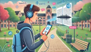 An illustration of a student walking through a university campus, wearing headphones connected to a smartphone displaying a text-to-speech AI app, similar to Speechify.