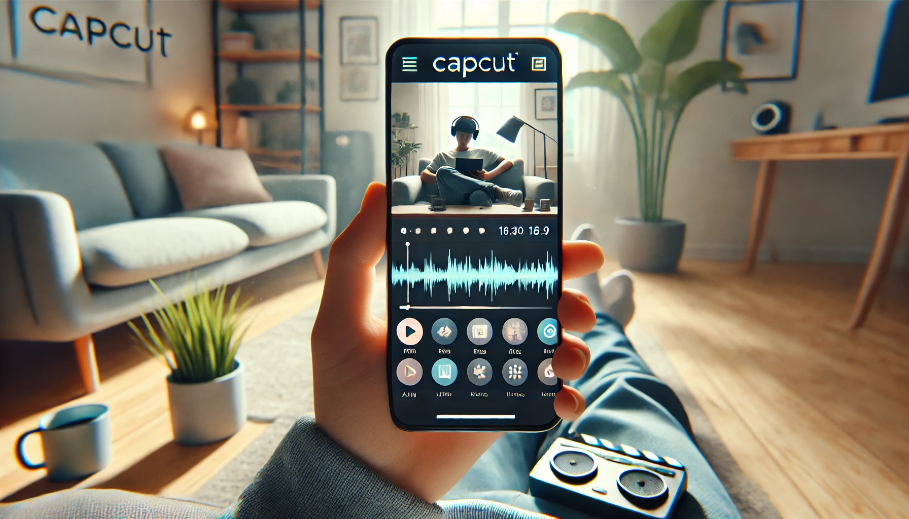 A high-resolution 16:9 image showing a beginner content creator using CapCut on a smartphone.