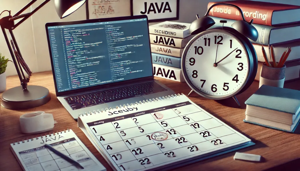 A 16:9 image of a desk featuring a calendar and a clock, symbolizing dedicated learning time for Java programming. 