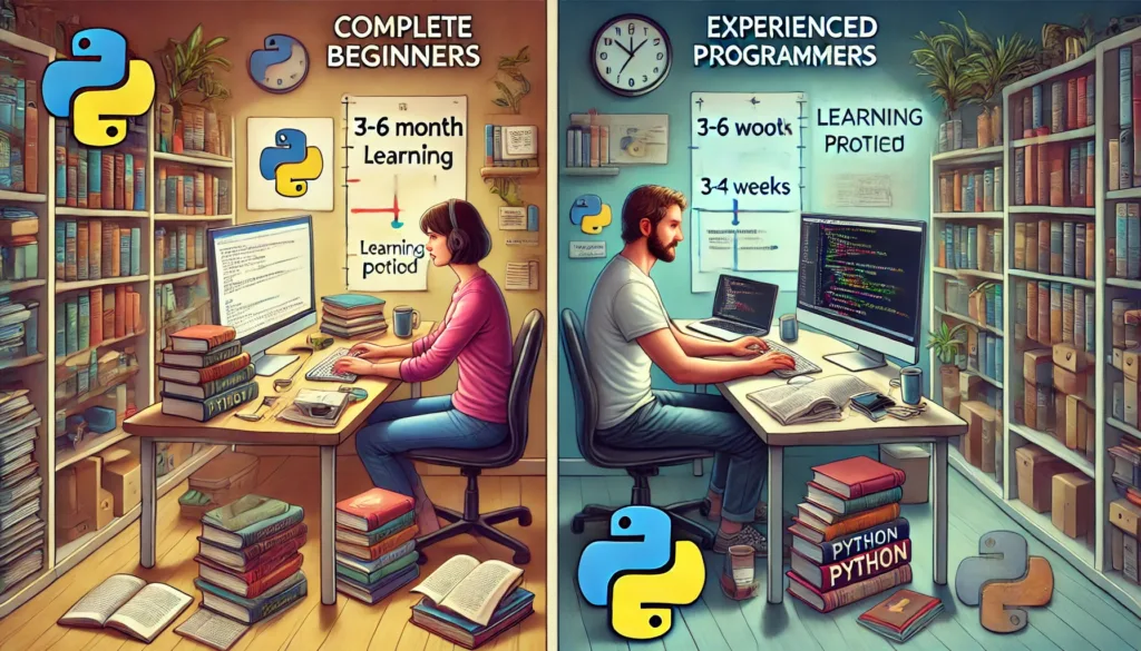 A 16:9 split image comparing the learning paths for complete beginners and experienced programmers transitioning to Python.