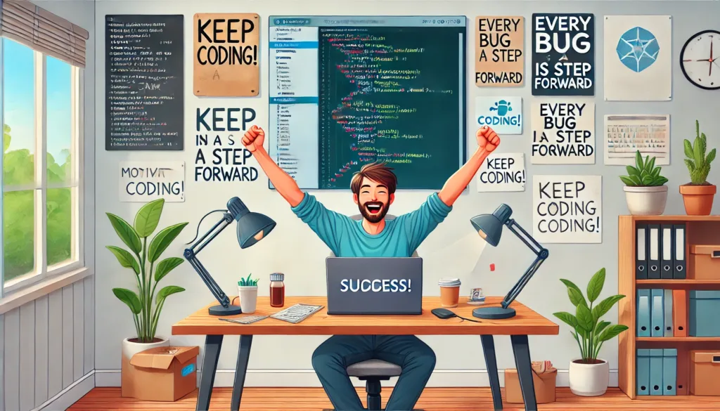 A 16:9 motivational scene depicting a beginner successfully completing a coding project on a laptop. 