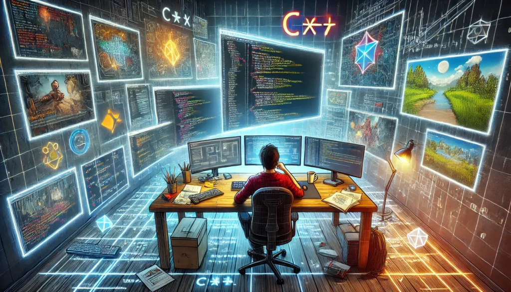 A visually engaging illustration of a programmer sitting at a desk, deeply immersed in coding.