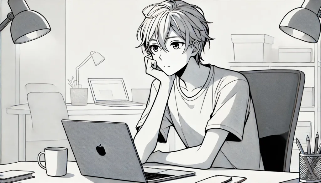 A clean and minimal anime-style illustration of a developer deep in thought.