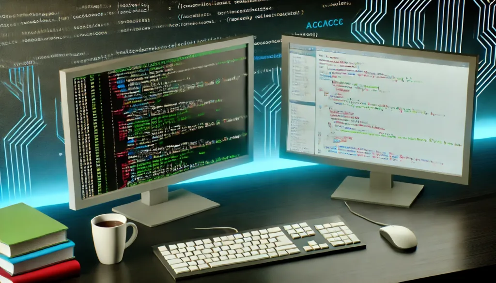 An illustration of a programmer's workspace with dual monitors displaying code snippets from different coding languages. 