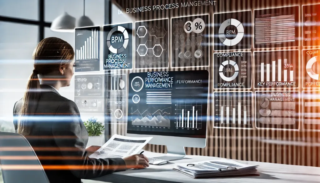 A conceptual image of a business professional analyzing data on a computer screen, displaying metrics and performance indicators related to Business Process Management (BPM).