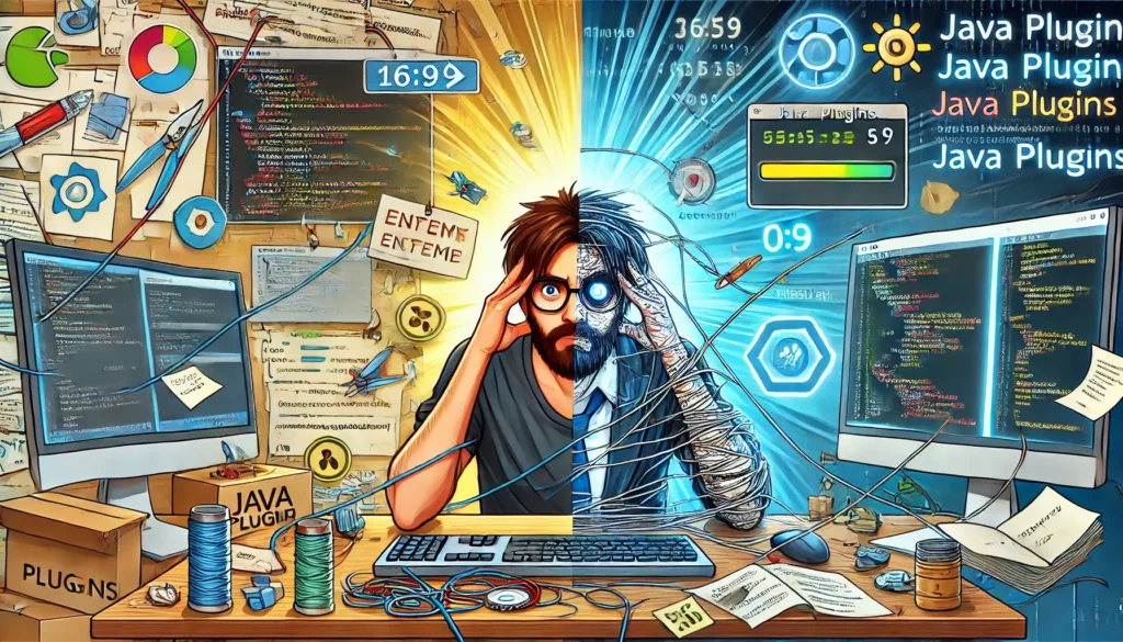 A dynamic 16:9 scene showing a developer's workflow enhanced by Java plugins, with a split view. 