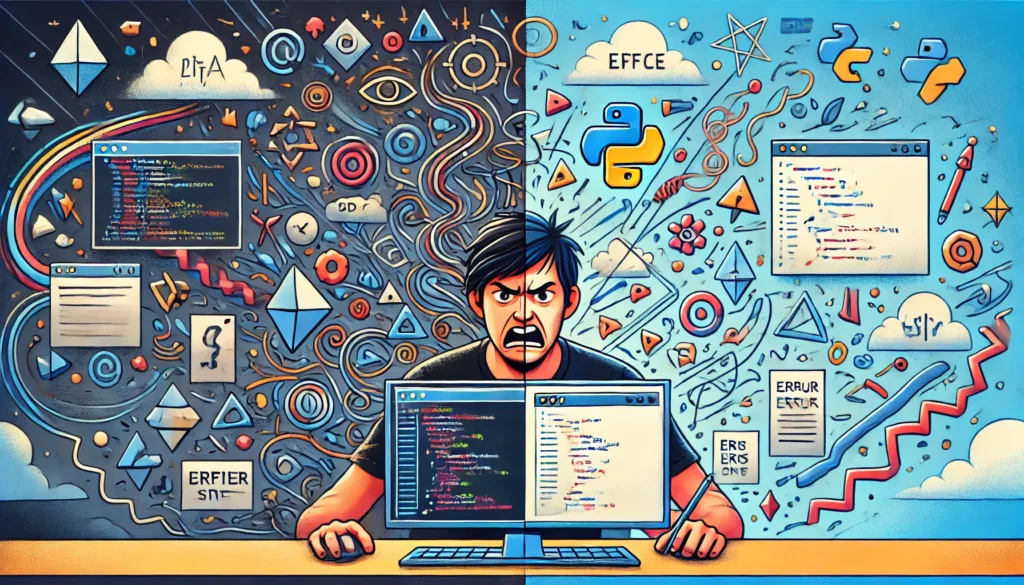 An engaging split-screen illustration representing the concept of difficult programming languages.