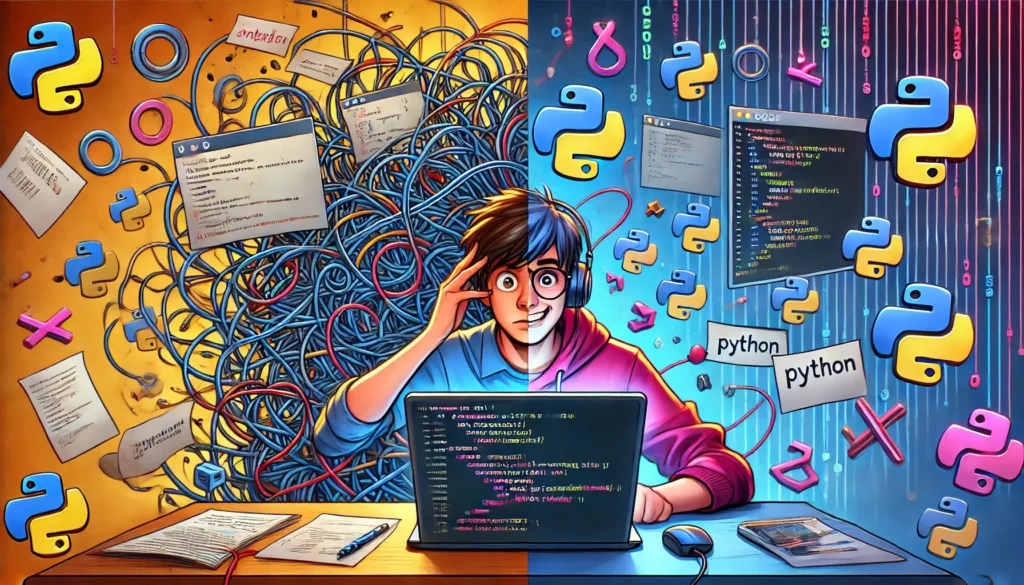 A split image showing two contrasting sides: on the left, a frustrated beginner overwhelmed by complex code snippets, with tangled lines of code floating around them, expressing confusion and frustration.