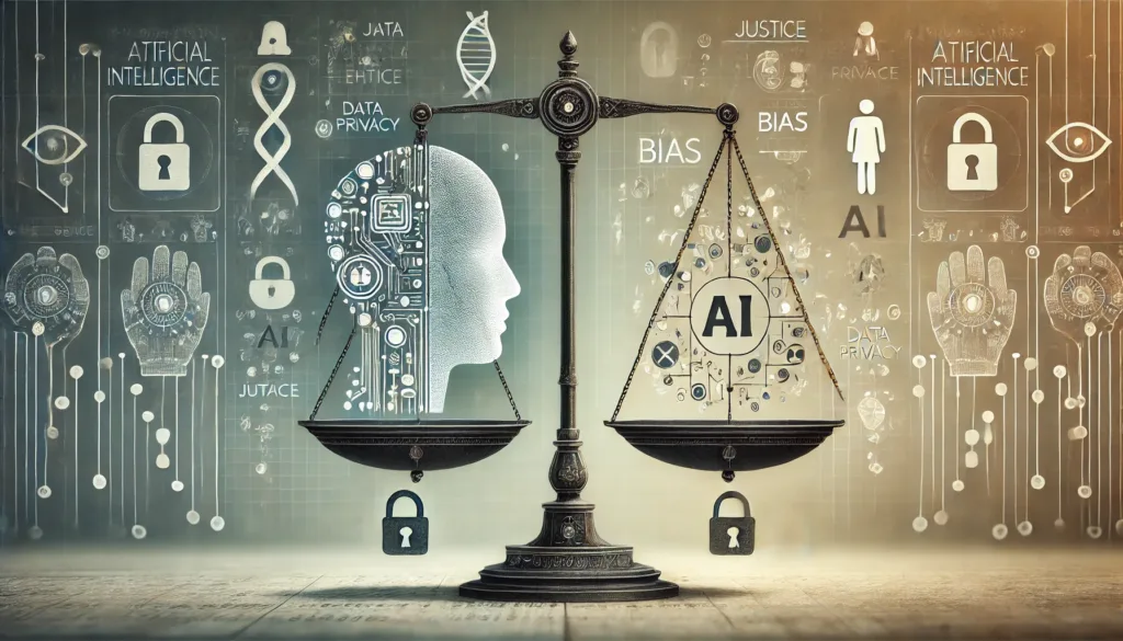 A high-resolution, conceptual 16:9 illustration representing ethical considerations in AI. The image features a balanced scale in the center.