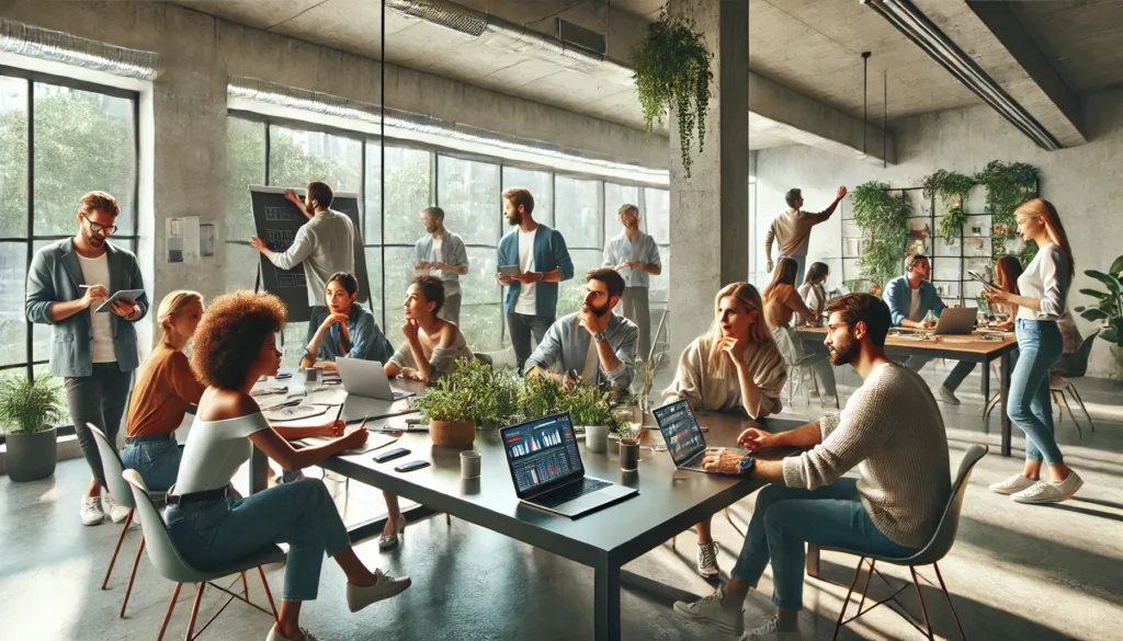 A modern workspace featuring a diverse group of bloggers brainstorming ideas around a sleek table. 