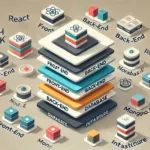 An isometric illustration of a tech stack diagram, showcasing interconnected layers labeled as 'Front-End,' 'Back-End,' 'Database,' and 'Infrastructure.'