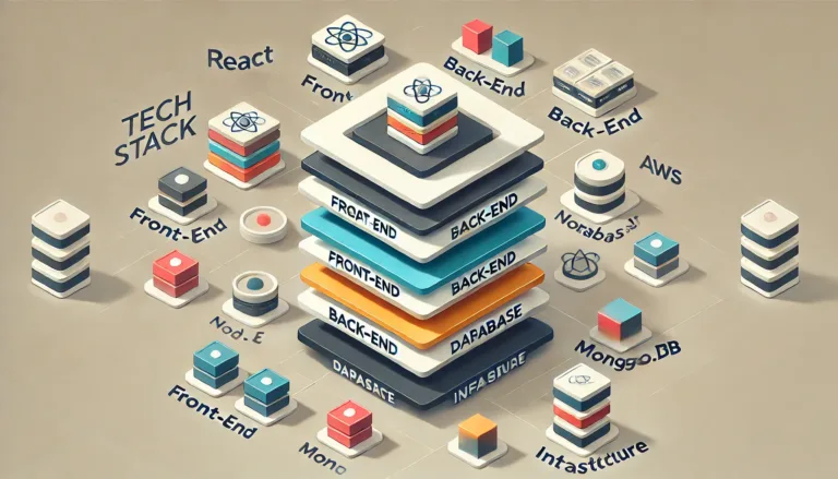 An isometric illustration of a tech stack diagram, showcasing interconnected layers labeled as 'Front-End,' 'Back-End,' 'Database,' and 'Infrastructure.'